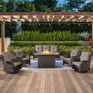POCASSY 6-Piece Outdoor Furniture Set with Fire Pit Table, All Weather Wicker Outdoor Conversation Set Patio Sofa Set with Swivel Chairs and Fire Pit - 1 of 4