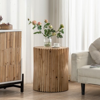 Retro Chic Style Cylindrical Coffee Table with Vertical Texture Embossed Design, Natural - ModernLuxe