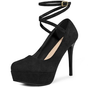 BLISSFUL STEP Women's Round Toe Stiletto Heel Cross Strap Lace Up Buckle Pumps - 1 of 3
