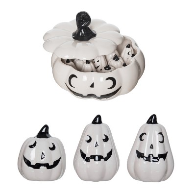 Transpac Halloween Figural Pumpkins in Bowl Dolomite Salt and Pepper Shakers Collectables Black and White 11.25 in. Set of 19