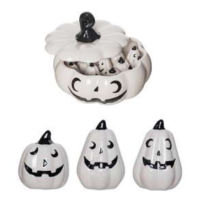 Transpac Halloween Figural Pumpkins in Bowl Dolomite Salt and Pepper Shakers Collectables Black and White 11.25 in. Set of 19 - 1 of 2