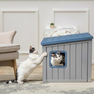 Kumasinova 25" Slanted Roof Outdoor Cat House with Leak-Proof Design,Weatherproof Cat Hideaway for All Seasons,Cat Furniture for Porch&Garden,Blue - 1 of 4
