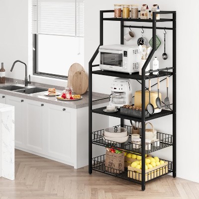 Kitchen Bakers Rack with Large Wire Baskets & 8 Hooks, Industrial Microwave Oven Stand Coffee Bar Station, Kitchen Utility Storage Shelf