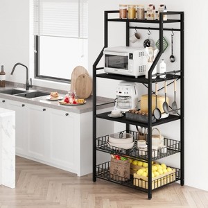 Kitchen Bakers Rack with Large Wire Baskets & 8 Hooks, Industrial Microwave Oven Stand Coffee Bar Station, Kitchen Utility Storage Shelf - 1 of 4