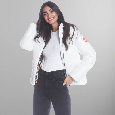 Members Only Womens Hi-Shine Chevron Quilt Puffer Jacket with Nickelodeon Mashup Print Lining