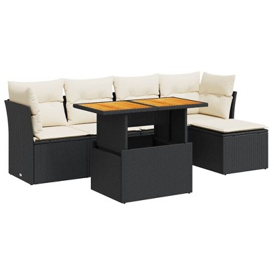 vidaXL Patio Sofa Set with Cushions Sofa Sections and Table 6 Piece Poly Rattan - Black and Cream with Storage