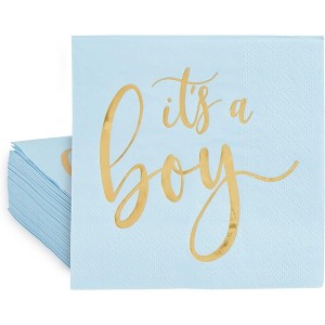 Sparkle and Bash 50 Pack Blue Party Napkins with Gold Foil It's a Boy for Baby Shower, Gender Reveal, 5 In, 3-Ply - 1 of 4