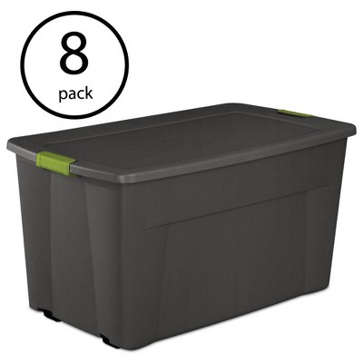Sterilite Large 45 Gallon Storage Tote Boxes with Wheels and Latching Indexed Lid for Home Organization, Gray and Green, (8 Pack)