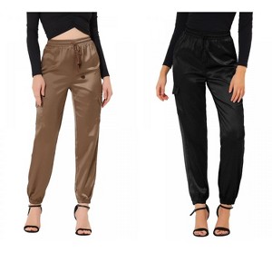 Allegra K Women's Drawstring Elastic High Waist Cargo Pocket Silky Satin Pants 2 Packs - 1 of 4
