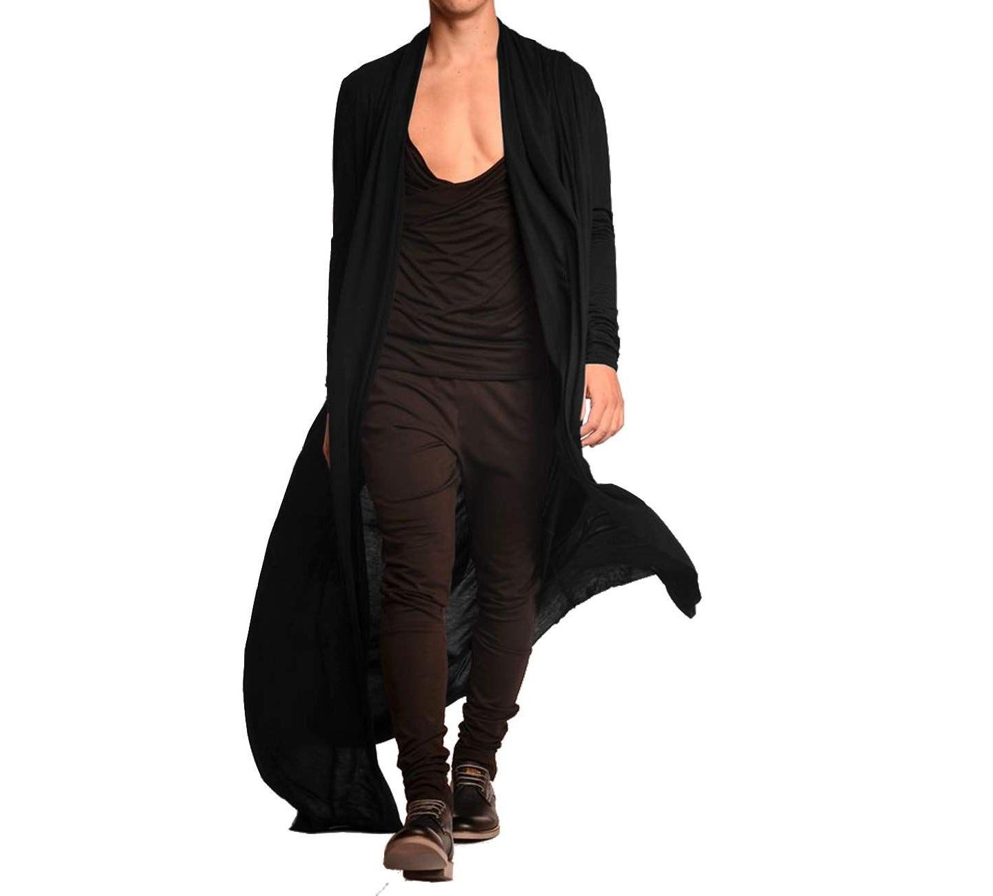 Мужские кардиганы COOFANDY Lightweight Ruffle Shawl Collar Cardigan Open Front Long Length Drape Cape Overcoat Black, цвет: Чёрный — фото 1