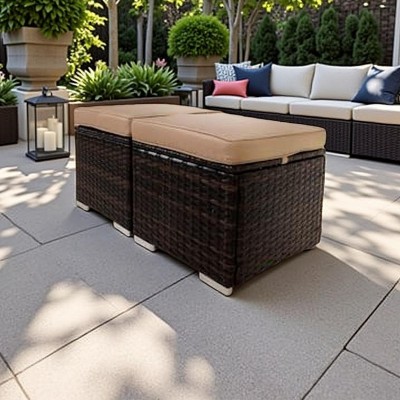 Nertpow All-Weather Outdoor Ottoman with Storage - Durable PE Rattan Wicker Outdoor Footstool for Patio, Beige