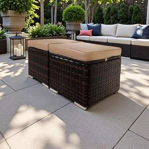 Nertpow All-Weather Outdoor Ottoman with Storage - Durable PE Rattan Wicker Outdoor Footstool for Patio, Beige - 1 of 4