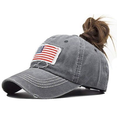 Nertpow Distressed Ponytail Hat for Women American-Flag Pony Tail Caps High Bun