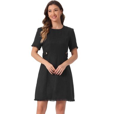 Inspire Chic Women's Tweed Round Neck Short Sleeves Work Elegant Casual A-Line Midi Dress Black X-Large