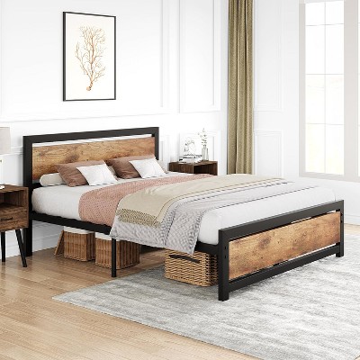 Bed Frame, Industrial Full Bed Platform Frame with Heavy Duty Steel Slat, No Box Spring Needed Easy to Assemble, Rustic Brown