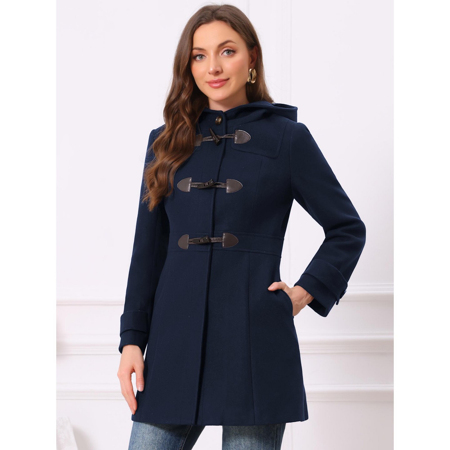 Женская куртка INSPIRE CHIC Winter Trench Mid-thigh Hooded Toggle Duffle Pea with Pockets Coat Dark Blue, цвет: Тёмный синий — фото 2