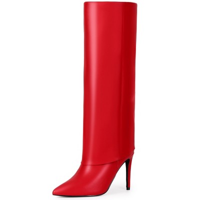 BLISSFUL STEP Women's Fold Over Pointed Toe Zipper Stiletto Heel Knee-High Boots