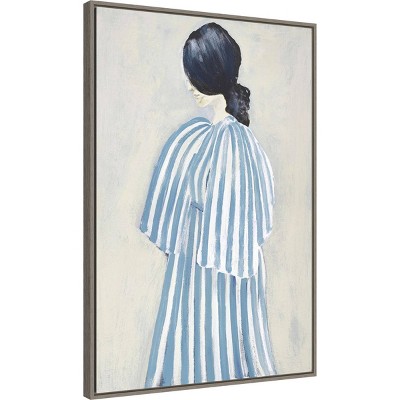 Blue Striped Dress Contemplative Woman Framed Canvas Art Print