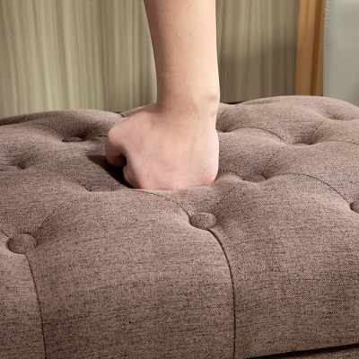 Taupe Tufted Fabric Ottoman with Turned Wood Legs