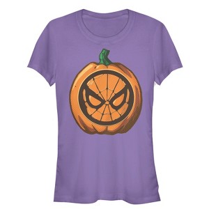 Juniors Womens Marvel Halloween Spider-Man Mask Pumpkin T-Shirt - 1 of 3