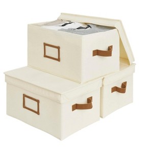 Itopfox Large Storage Bins with Lids, Decorative Foldable Storage Boxes with PU Handles, Stackable Baskets for Shelves, Wardrobe, Ivory White, 3-Pack - 1 of 4