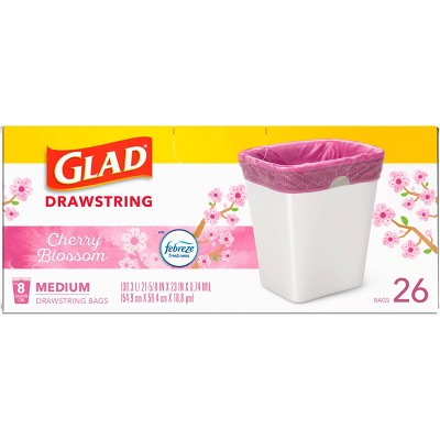 Glad DrawString Trash Bags - Cherry Blossom - 8gal - 26ct: Tear-Resistant, Odor Control