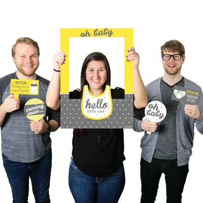 Big Dot of Happiness Hello Little One - Yellow and Gray - Neutral Baby Shower Selfie Photo Booth Picture Frame & Props - Printed on Sturdy Material