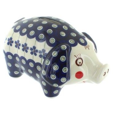 Blue Rose Polish Pottery Flowering Peacock Piggy Bank