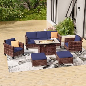 Sonkuki 6 Pieces Patio Sofa with Rectangle Fire Pit Table and Ottomans, Wicker Conversation Couch, Navy Blue Cushion - 1 of 4
