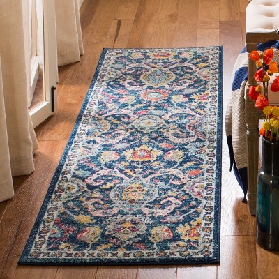 Navy and Fuchsia Floral High Pile Synthetic Runner Rug