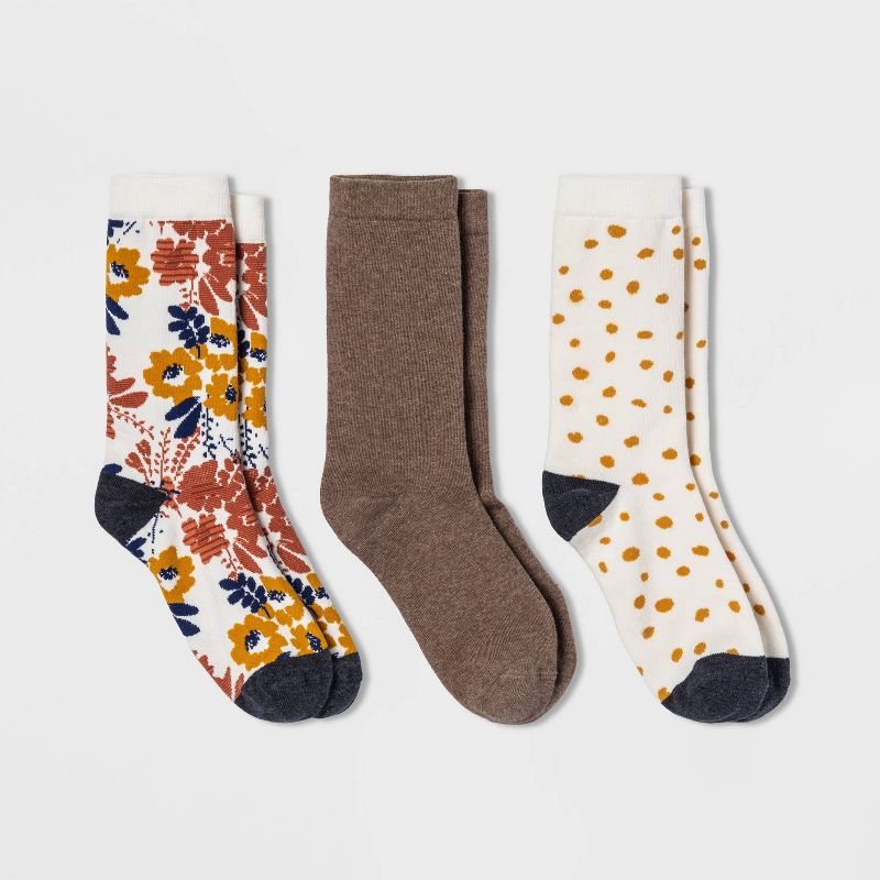 Women&#39;s Floral Print 3pk Crew Socks - A New Day&#8482; Ivory/Heather Brown 4-10, 1 of 3