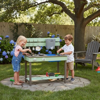 Whisen Wooden Kids Play Kitchen, Outdoor Mud Kitchen Playset with Water Play Set and Cooking Toys, Gift for 3+ Years Kid