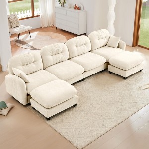 4-Seaters Beige Modular Sectional U Shaped Couch with 2 Ottomans Soft Chenille Fabric for Living Rooms - 1 of 4
