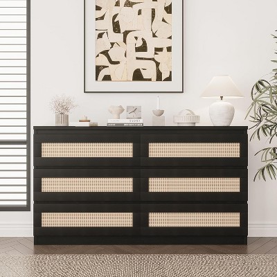 6 Drawer Double Dresser for Bedroom, Rattan Dresser for Bedroom with Smooth Mental Slide, Modern Wood Dresser Chest for Bedroom, Living Room, Hallway
