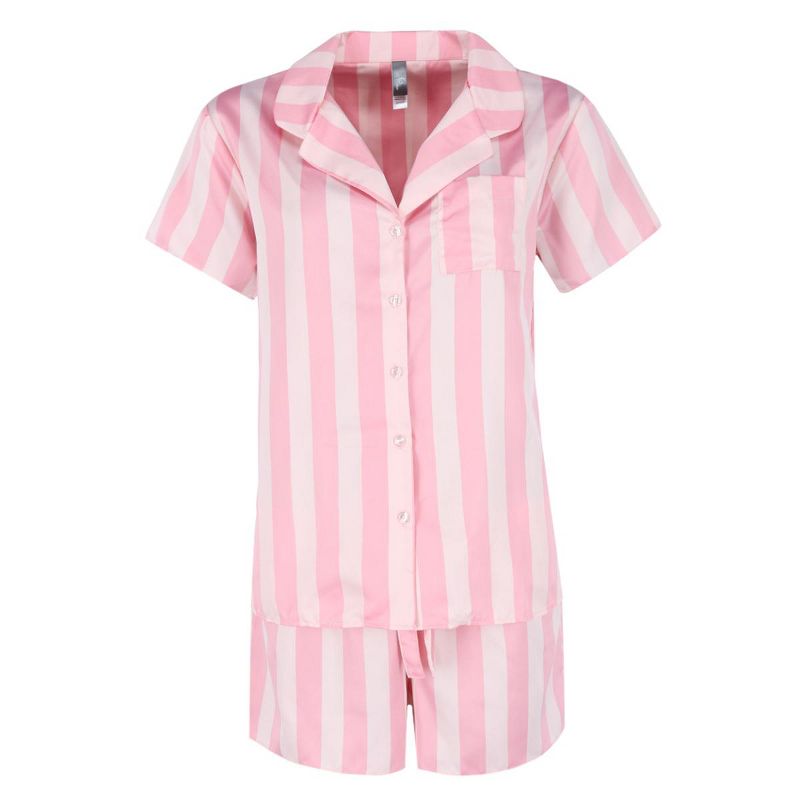 PJ Couture Women's Pink Stripe Notch Collar Short Set, 1 of 4