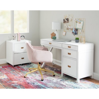 48" White Campaign Style Desk with Gold Hardware and Storage