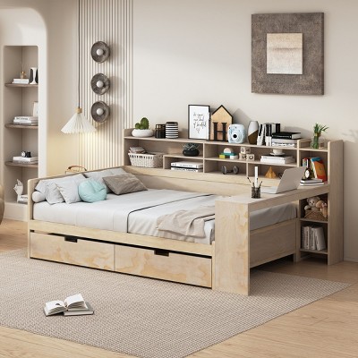 Wooden Full Size Bed Frame With Storage Shelves And 2 Storage Drawers,Multi-functional Bed With AStudy Desk -Maison Boucle