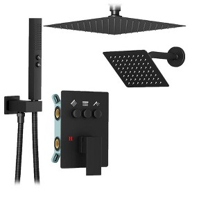 Itopfox Shower Faucet Set with Push Button Diverter, 2-in-1 Handheld Shower, Ceiling Mount and Wall Mount Shower Head in Matte Black - 1 of 4