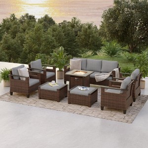 Sonkuki 8 Pieces Patio Sofa with Square Fire Pit Table and Ottomans, Patio Conversation Couch with Cushion - 1 of 4