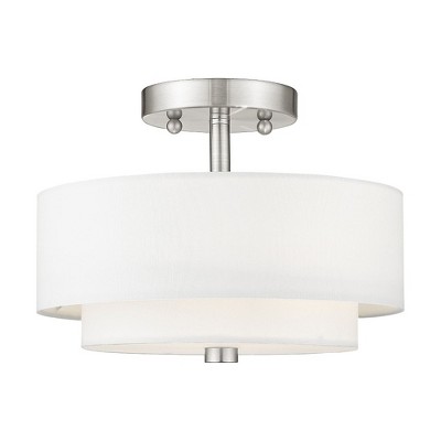 Claremont Brushed Nickel 2-Light Semi-Flush Mount with Off-White Drum Shade