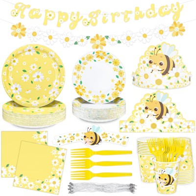 DYLIVeS Yellow Daisy Party Decorations, 192pcs Summer Supplies With Plates,Napkins,Cups,Sleeves,Bee Hats,Banner,Forks for Girls Birthday Baby Shower