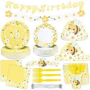 Hachikiko Yellow Daisy Party Decorations, 192pcs Summer Supplies With Plates,Napkins,Cups,Sleeves,Bee Hats,Banner,Forks for Girls Birthday Baby Shower - 1 of 4