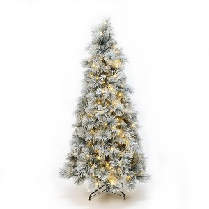 LuxenHome 6.5Ft Pre-Lit Snowy Branches Artificial Christmas Tree with Metal Stand Green - 1 of 4