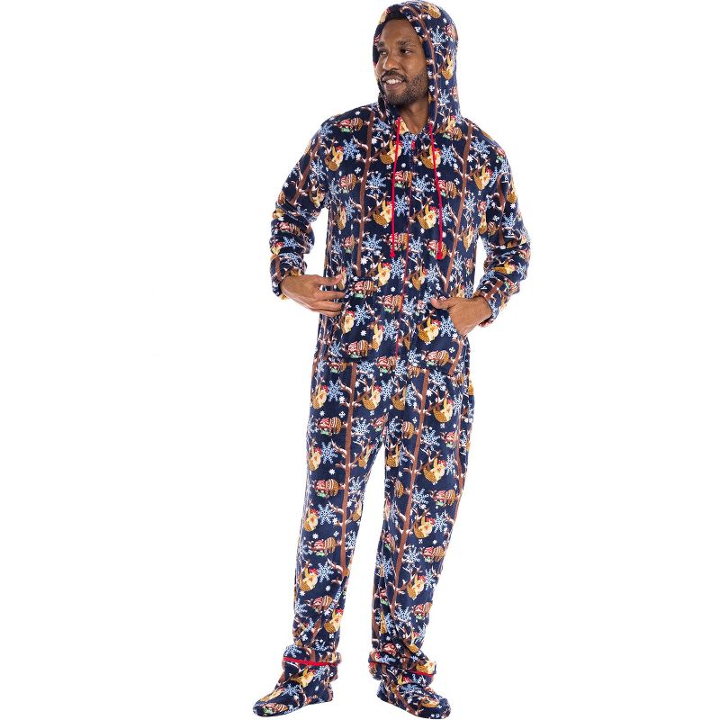 Men's Plush Fleece One Piece Hooded Footed Zipper Pajamas Set, Soft Adult Onesie Footie with Hood, 4 of 8