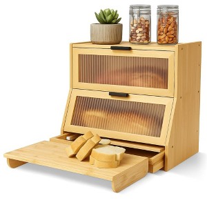 MOEPISY Bamboo Wood Breadbox with Knife Storage, Ventilation Holes, Natural - 1 of 4
