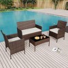 4-Piece Outdoor Patio Set, Rattan Loveseat, 2 Chairs & Glass Table w/ Cushions, For Garden, Poolside, Balcony - 2 of 4