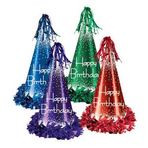 Beistle Fringed Foil Happy Birthday Party Hats, 12.5", (12/Pkg) Multicolored - 1 of 1