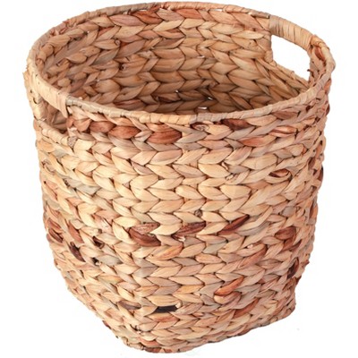 Vintiquewise Water Hyacinth Large Round Wicker Wastebasket with Cutout Handles