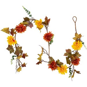 Northlight 5.5' x 6" Autumn Harvest Orange and Yellow Mums with Maple Leaves Garland - Unlit - 1 of 4