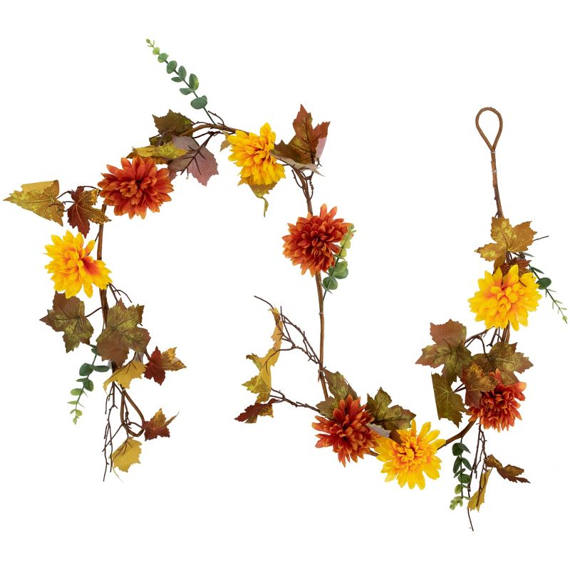Northlight 5.5' x 6" Autumn Harvest Orange and Yellow Mums with Maple Leaves Garland - Unlit, 1 of 9